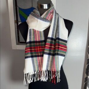 100% Cashmere Ivory & Red Plaid Scarf Made in Scotland